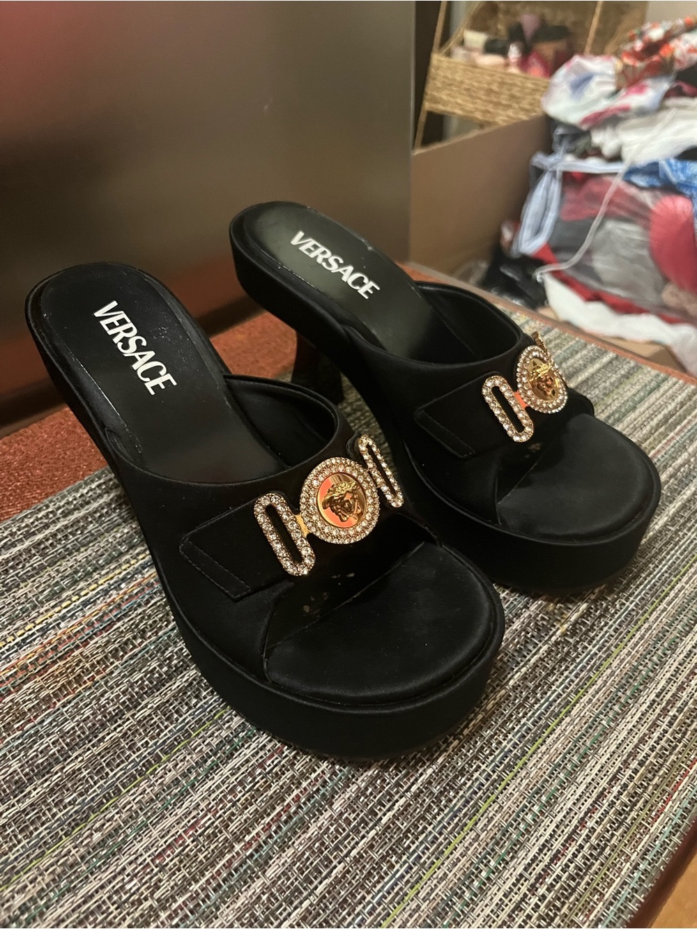 Versace Black Platform Slide Sandals with Gold Medallion Accent - Picture 4 of 8